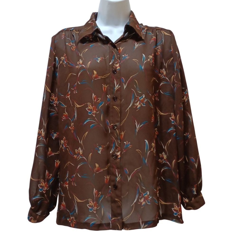 VTG 80s Piare Ginza Tokyo Womens 16 Brown Floral Sheer Japan‎ Secretary Blouse